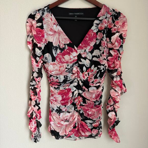 WHBM Y2K Ribbed Floral Blouse Semi-Sheer Lined Coquette V-Neck Whimsigoth - Picture 1 of 8